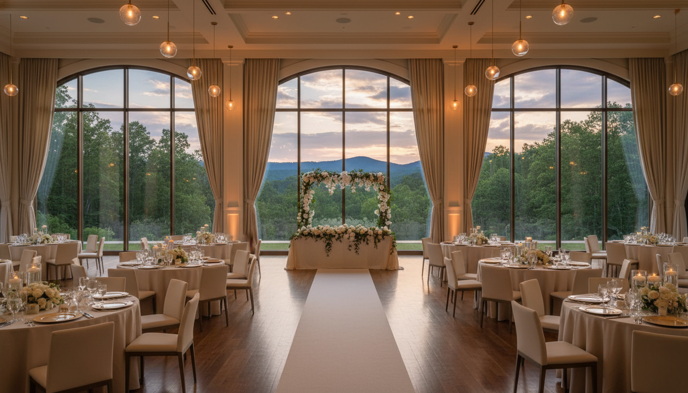 Um salão de festas de casamento elegante e vazio, decorado com luzes pendentes e grandes janelas de vidro com vista para a natureza