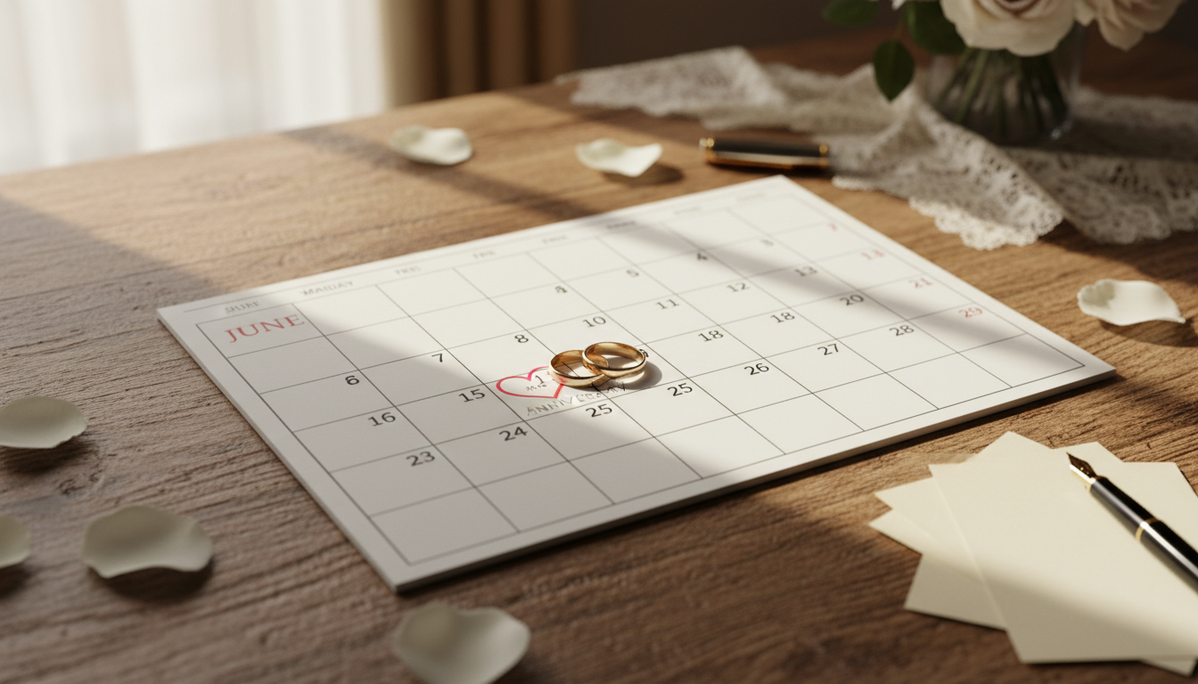 Um calendário aberto sobre uma mesa de madeira rústica, com um par de alianças de ouro posicionadas exatamente sobre um dia específico marcado com um pequeno coração vermelho