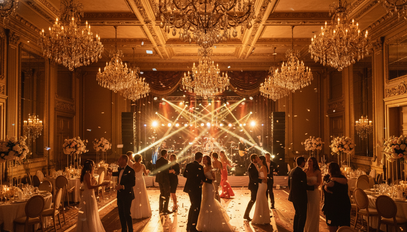 Fotografia de uma festa de casamento à noite em um salão elegante, focado em uma iluminação cênica sofisticada com luzes quentes, lustres luxuosos e uma pista de dança animada.