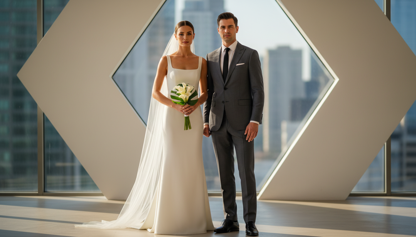Noiva e noivo vestindo trajes minimalistas, com cortes retos, tecidos lisos e estruturados, sem excesso de brilho, transmitindo sofisticação e modernidade