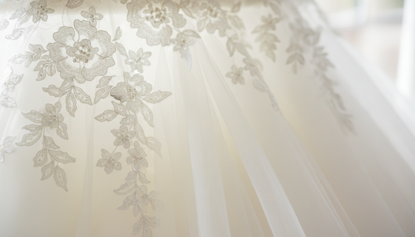 Fotografia em plano fechado focando na textura de um vestido de noiva, mostrando o contraste entre uma renda delicada e as camadas de tule suave iluminadas por luz natural