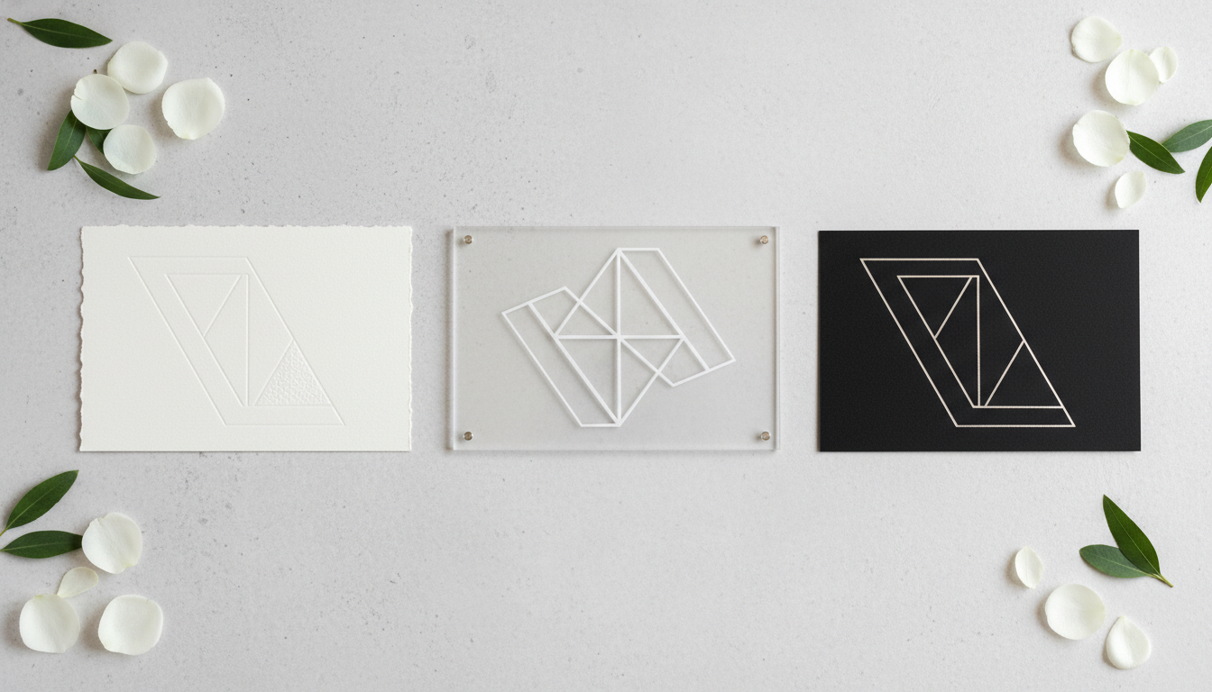 Um conjunto de três convites minimalistas lado a lado, mostrando as diferentes texturas de papel de algodão branco, um convite impresso em placa de acrílico translúcido e outro com tipografia geométrica em papel preto matte com tinta prateada, focando no contraste moderno.