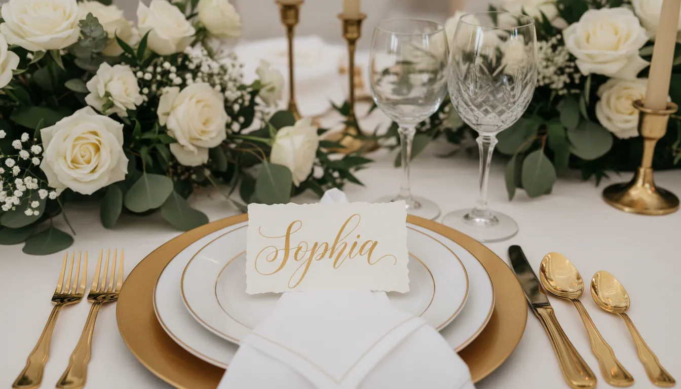Detalhe de uma mesa de casamento elegantemente decorada, com pratos, talheres dourados, taças de cri