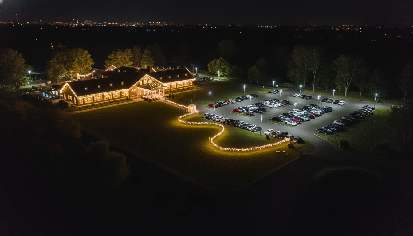 Fotografia aérea tirada por drone mostrando um evento de casamento à noite. Pode-se ver um salão ilu